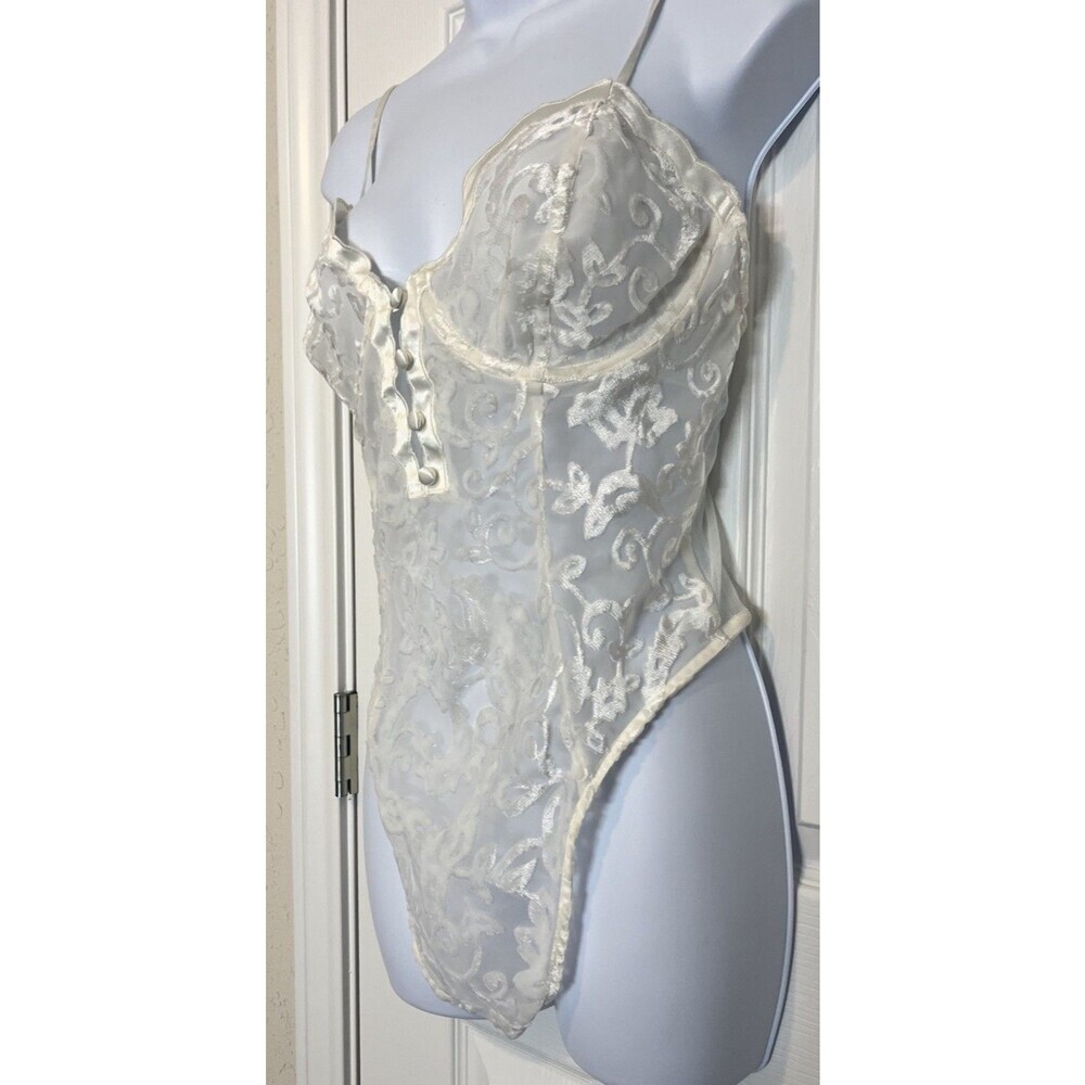 Vintage Victoria Secret Gold Label White Lace Lingerie Corset Bodysuit 36C Mesh
